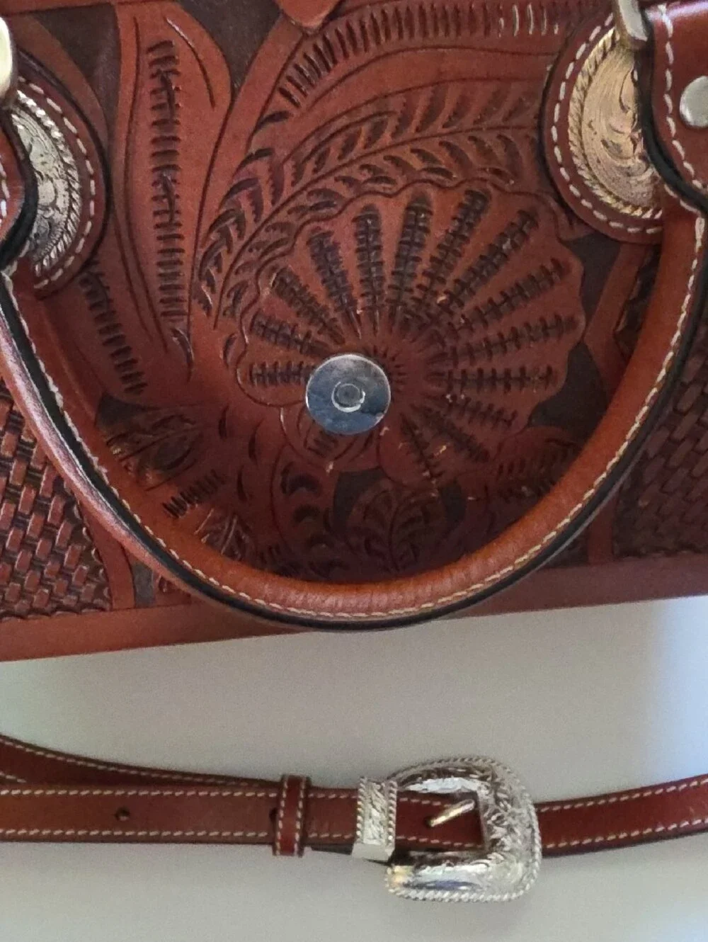 Women’s Tooled Leather Crossbody Bag in Saddle Brown with Silver Buckle